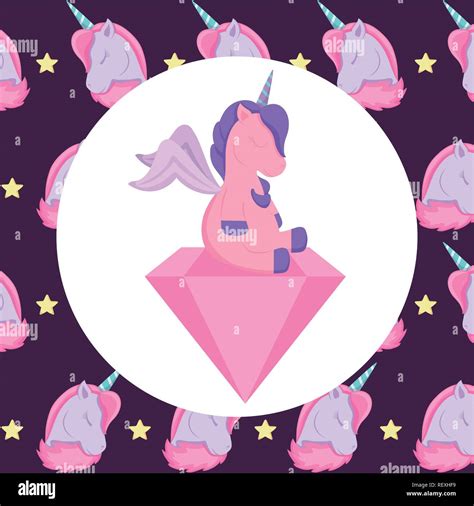 Cute Unicorn And Diamond Over Colorful Background Vector Illustration