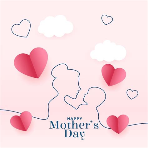 Free Vector Mothers Day Greeting Card In Line Style And Paper Hearts