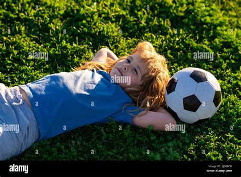 Soccer Boy Dreaming Laying On Grass Cute Little Child Dreams Of
