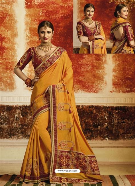 Buy Mustard Embroidered Designer Barfi Silk Party Wear Saree Party