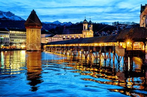 Lucerne Switzerland The Old Town And Chapel Bridge In The Late