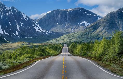 Trees Landscape Mountains Nature Snow Road Norway Shrubs Summer