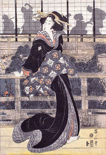 Geisha On The Veranda Japanese Woodblock Print Repro Wall Scroll