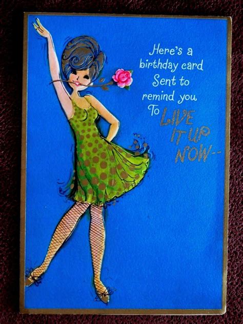 vintage birthday card mid century lady gold polka dot dress and hair net stockings collectibles