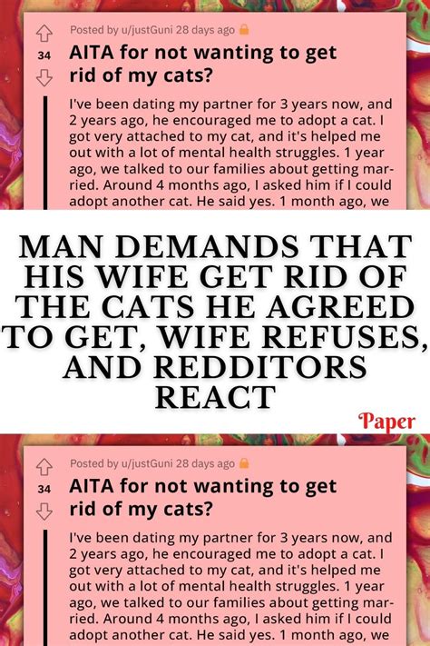 man demands that his wife get rid of the cats he agreed to get wife refuses and redditors react