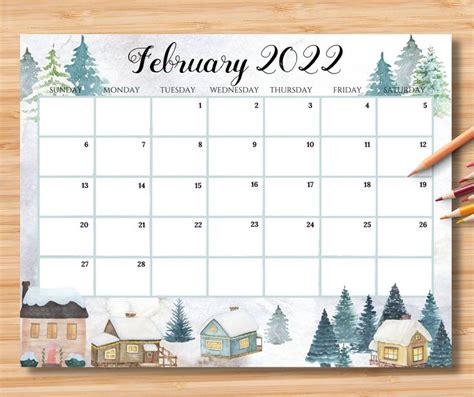 Editable February 2022 Calendar Peaceful White Winter In A Countryside