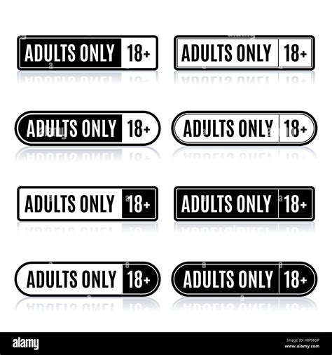 Set Of Eight Rectangular Stamps Adults Only Icons Age Limit Isolated On White Background With