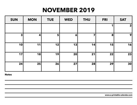 Calendar November 2019 A Printable Calendar