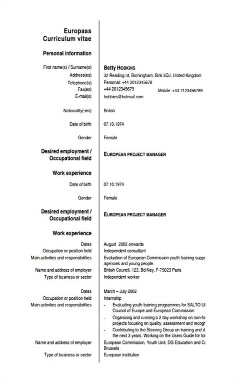 Free download europass cv template in word format. Europass Curriculum Vitae - Free Samples , Examples ...