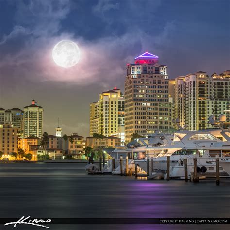 Full Moon West Palm Beach Skyline At Marina Hdr Photography By