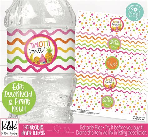 Twotti Fruitti Water Bottle Labels Fruit Drink Labels Fruit Etsy