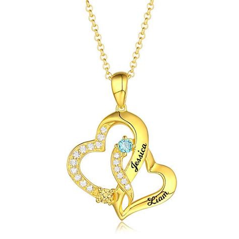 Personalized Double Heart Necklace With 2 Names And Birthstones Sterling