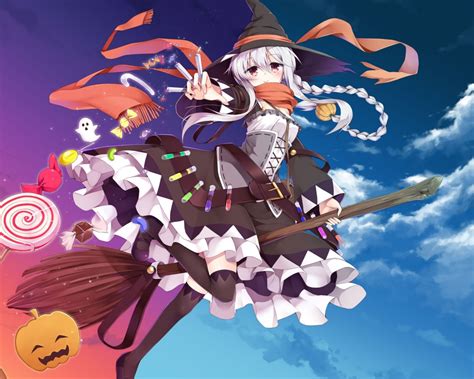 Wallpaper Anime Girl Witch Halloween Pumpkin Braids