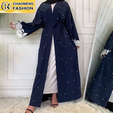 Arabic Dubai Abaya Kimono Hijab Muslim For Women Beading Pearl Lace