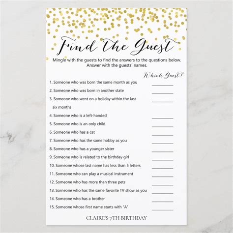 gold confetti find the guest birthday game zazzle girls birthday party games birthday games