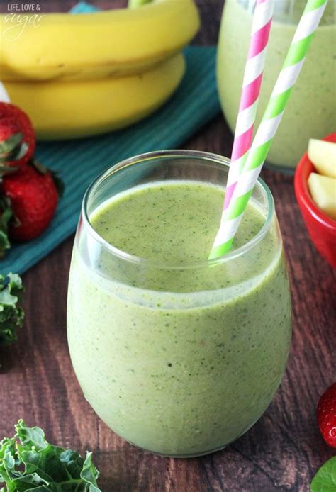 Green Smoothie Spinach Kale Pineapple Strawberry And Bananas With