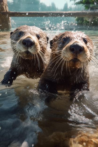 Premium Ai Image Two Otters Are Swimming In The Water