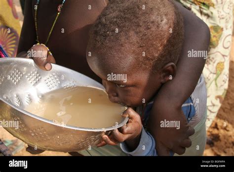Ein Junges Kind Trinkt Schmutziges Wasser Aus Einem Trockenen Flussbett