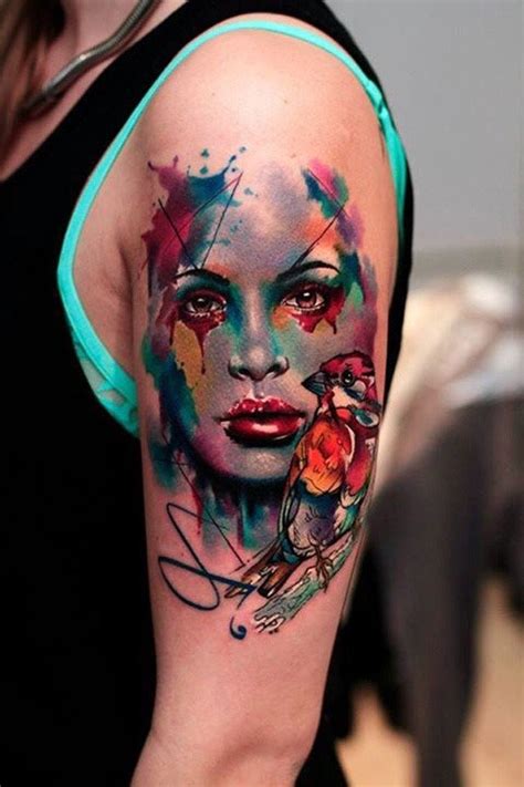 Wonderful Colored Watercolor Style Abstract Woman Portrait Tattoo On Shoulder Combined With