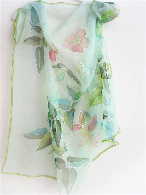 Hand Painted Silk Chiffon Scarf Spring Fashion Mint Green Red Pastel