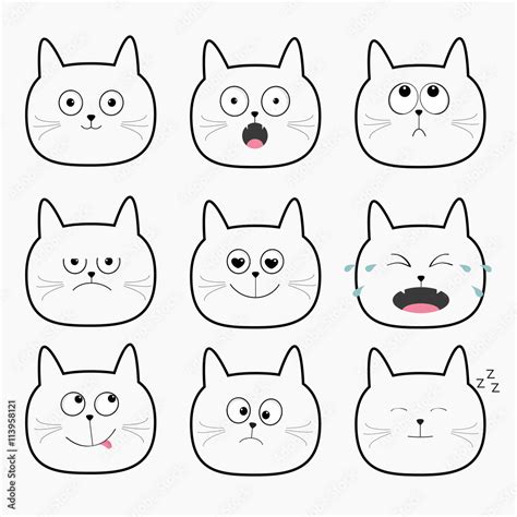 Vecteur Stock Cute Black Cat Head Set Funny Cartoon Characters