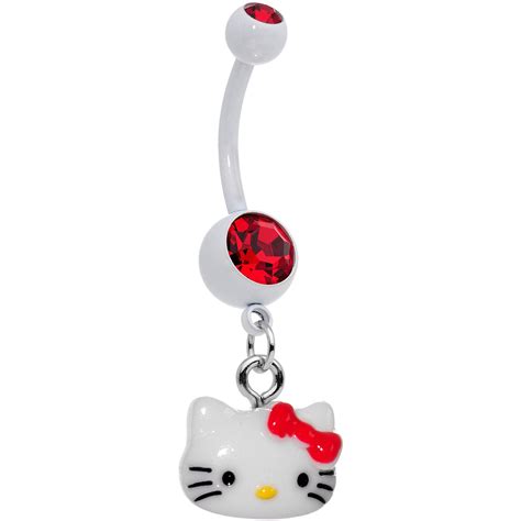 Officially Licensed Hello Kitty Red Gem White Enamel Dangle Belly Ring