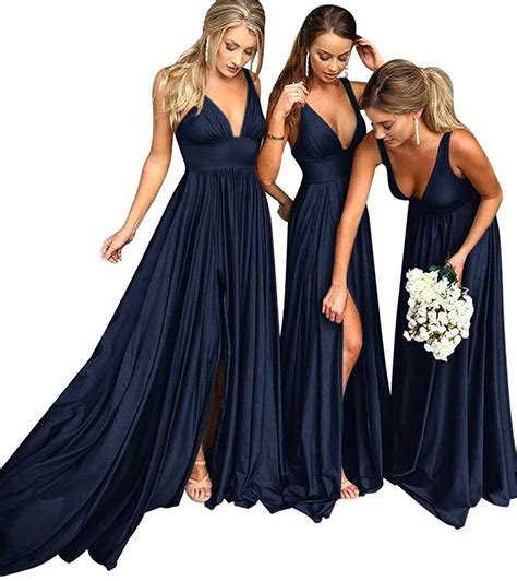 Bridesmaid Dress Long V Neck Backless Split Prom Dress Evening Gowns
