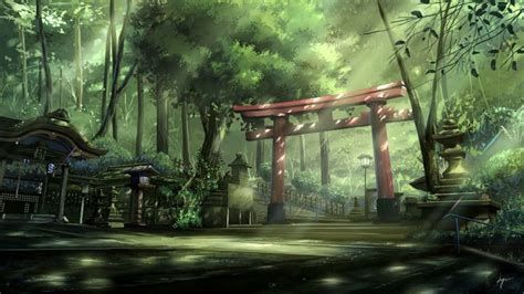 Descargar 1920x1080 Anime Landscape Torii Shrine Scenic Trees