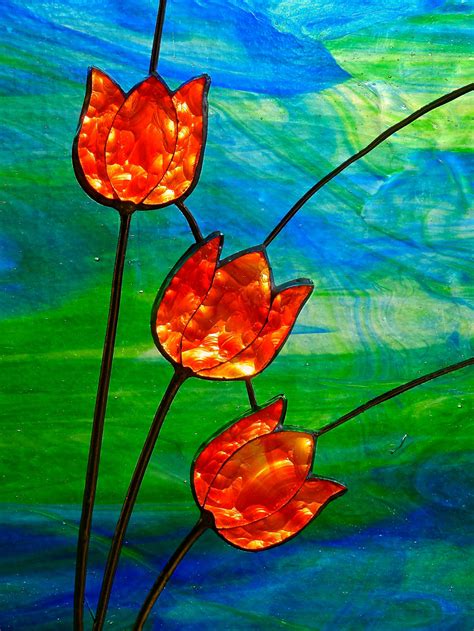 Fused Tulip Stained Glass Panel Foiled And Faceted Stained Glass