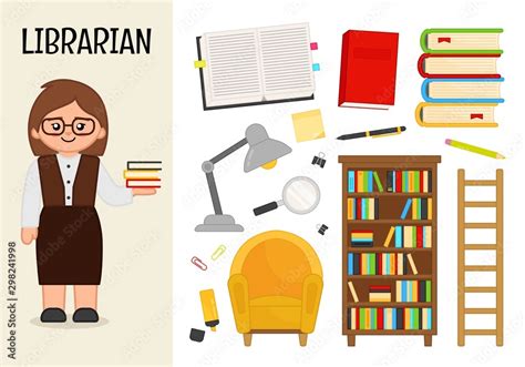 Vector Character Librarian Illustrations Of Library Equipment Set Of