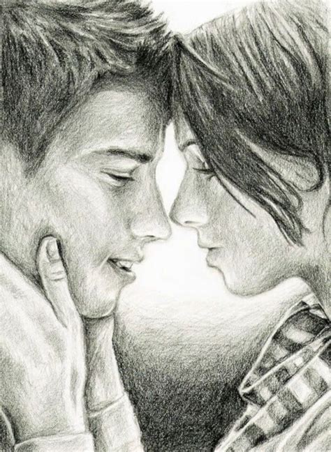 A Pencil Drawing Of Two People Facing Each Other With Their Faces Close
