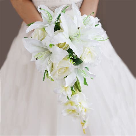 2018 Waterfall Wedding Bouquet Flowers Artificial Lily And Rose Bridal