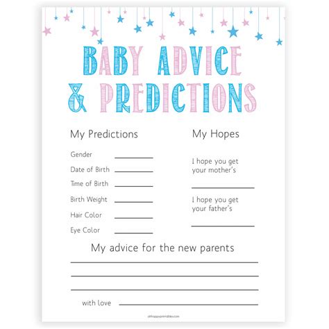 New Baby Advice And Predictions Card Gender Reveal Printable Baby Games