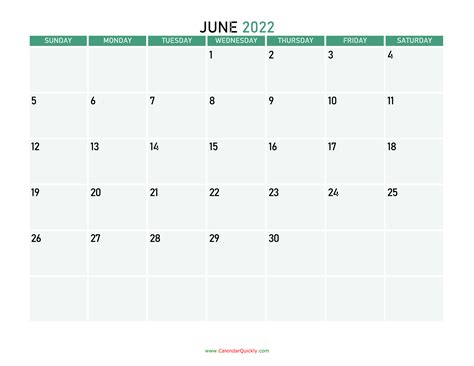 June 2022 Printable Calendar Calendar Quickly