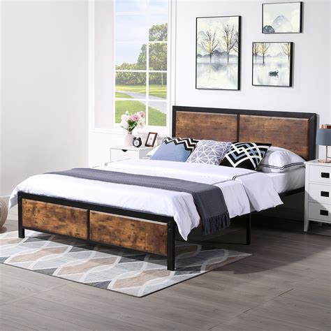 vecelo full size metal platform bed frame with vintage wooden headboard and footboard mattress