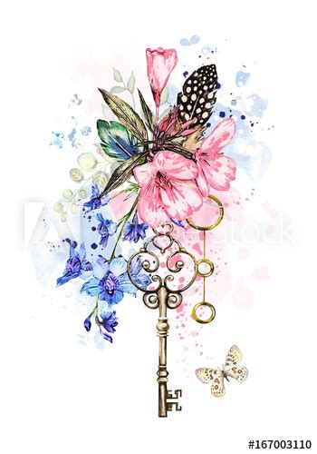 Watercolor Illustration With Flowers Keys And Feathers