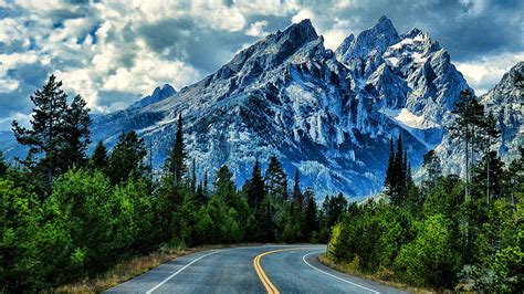 Snowy Mountain Landscape Road Grand Teton National Park In Northwestern