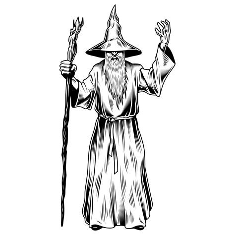 Monochrome Wizard With A Magic Stick Vector Illustration By Dgim Studio