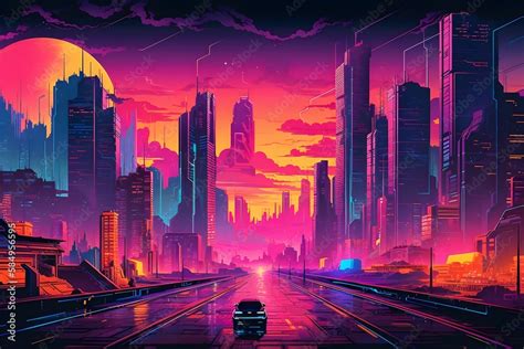 Beautiful Cyberpunk Cityscape With A Sunset Glitchy Animation Style