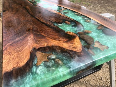 Live Edge Walnut River Table With Stones And Leaves Etsy
