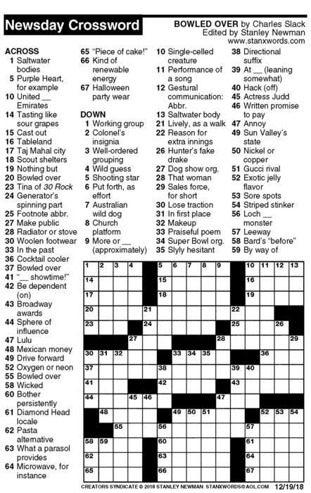 Exactly here you have complete, all newsday crossword answers to entire level set, puzzles and stages. Newsday Crossword Puzzle for Dec 19, 2018, by Stanley ...