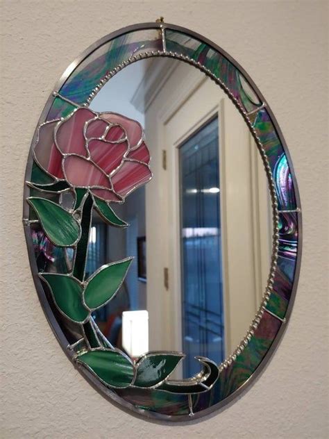 stained glass mirror with rose wall hanging mirror red etsy in 2021 stained glass mirror