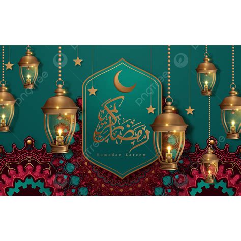 Ramadan Kareem Calligraphy Design With Crescent And Fanoos On Arabesque