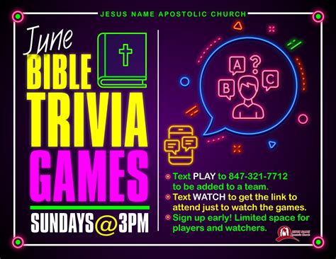 Trivia games usually features questions on various topics like arts, science, entertainment, history, etc. Virtual Bible Trivia | Jesus Name Apostolic Church
