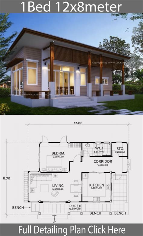 Home design plan 12x8m with One bedroom - House Plans 3D