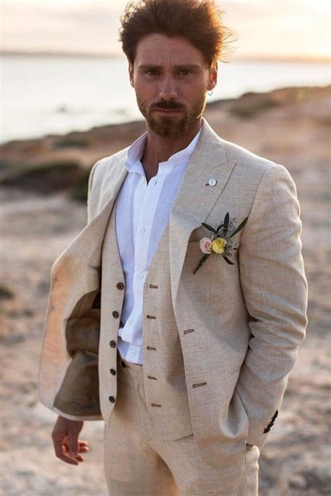 Men Linen 3 Piece Beige Wedding Suit Summer Suit Wedding Etsy