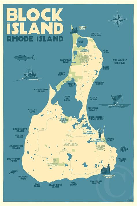 Block Island Map Art Print 36" x 53" Travel Poster By Alan Claude - Rh