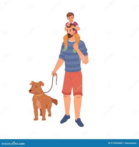 Hombre Dueño De Mascota Caminando Con Perro Padre E Hijo Ilustración