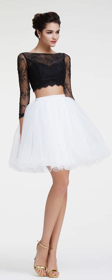 Black And White Homecoming Dress Long Sleeves Short Prom Dress White