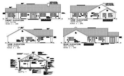 House Front Side Rear Elevation And Main Sectional Details Dwg File